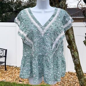LOFT Sage Green Floral Lace Trim Blouse Size L Boho Spring Top